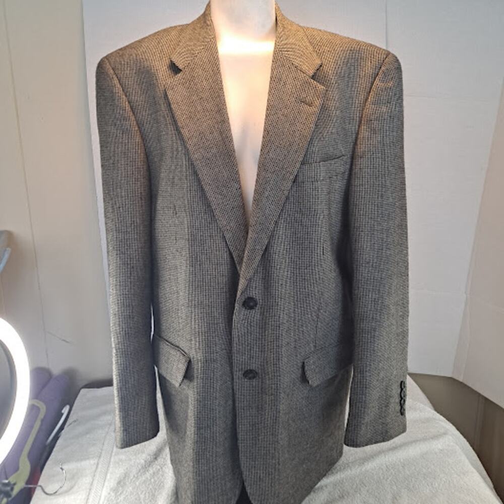 Alan Flusser Blazer 42R Lambswool Cashmere 2 Button Tweed Black Gray Tan